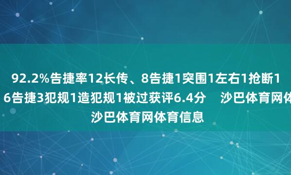 92.2%告捷率12长传、8告捷1突围1左右1抢断10招架、6告捷3犯规1造犯规1被过获评6.4分    沙巴体育网体育信息